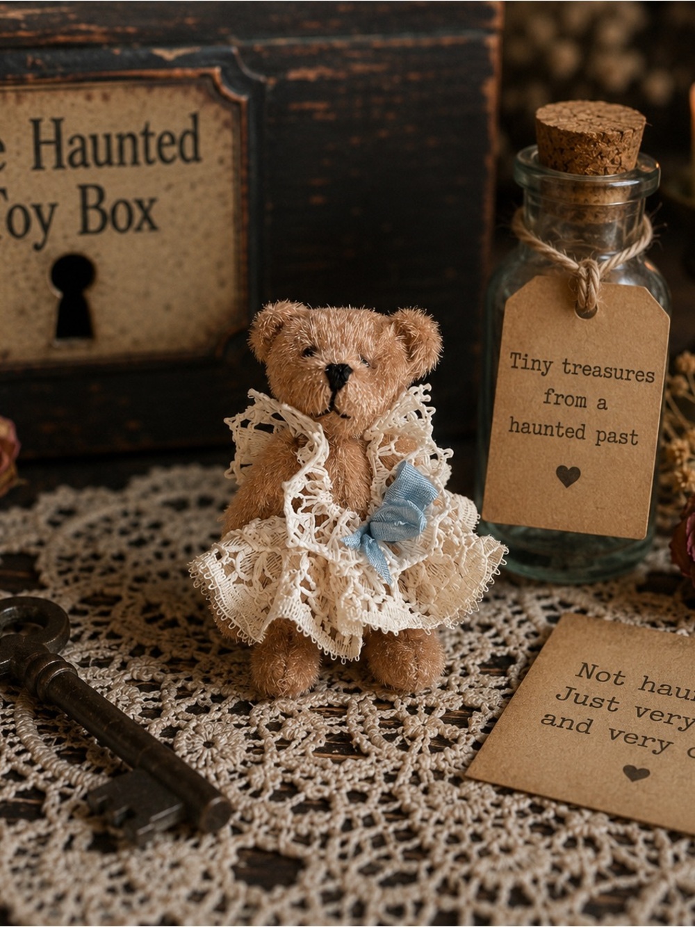 Tiny Vintage 3” Miniature Teddy Bear in Lace Dress handmade bear